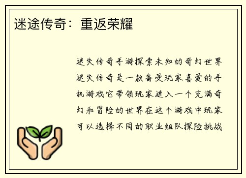 迷途传奇：重返荣耀